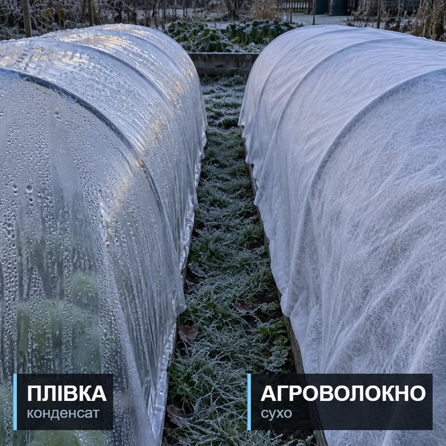 Два парники поруч: під плівкою зліва конденсат, під агроволокном справа сухо