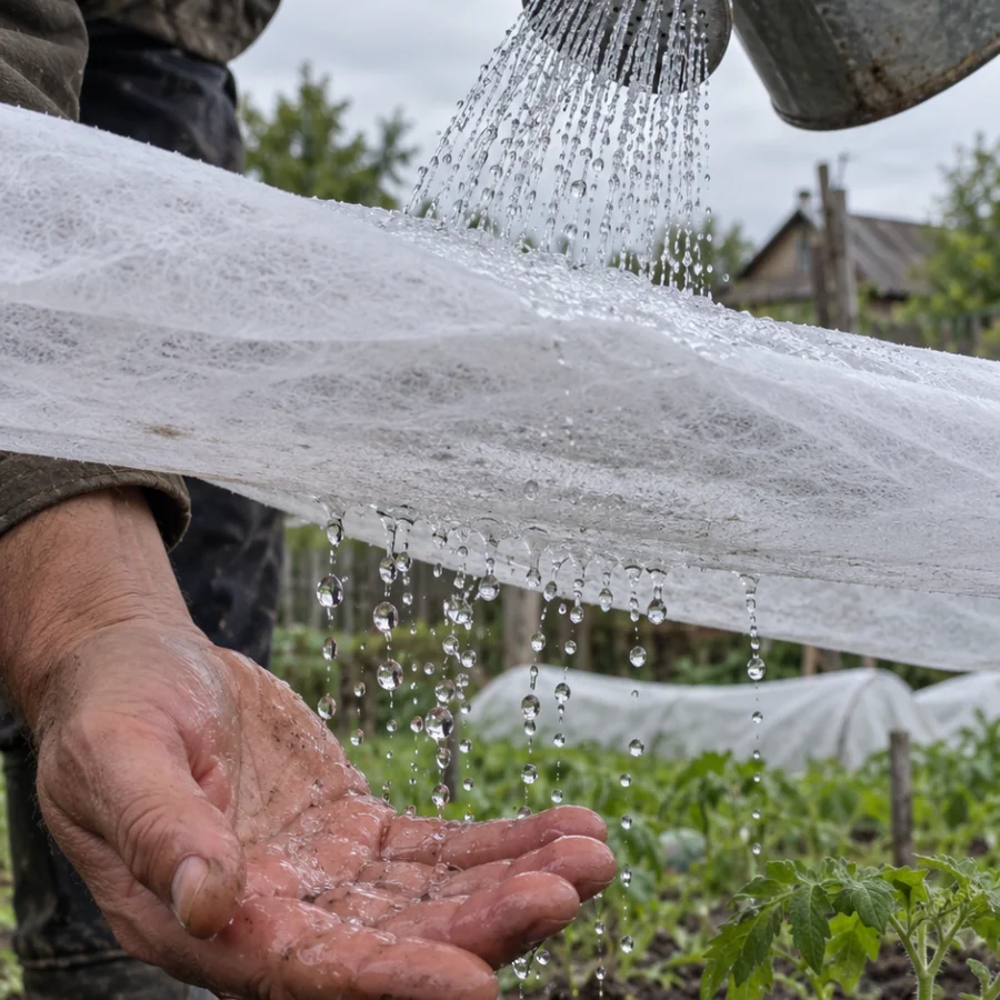 Вода з лійки проходить крізь натягнуте агроволокно і крапає на землю